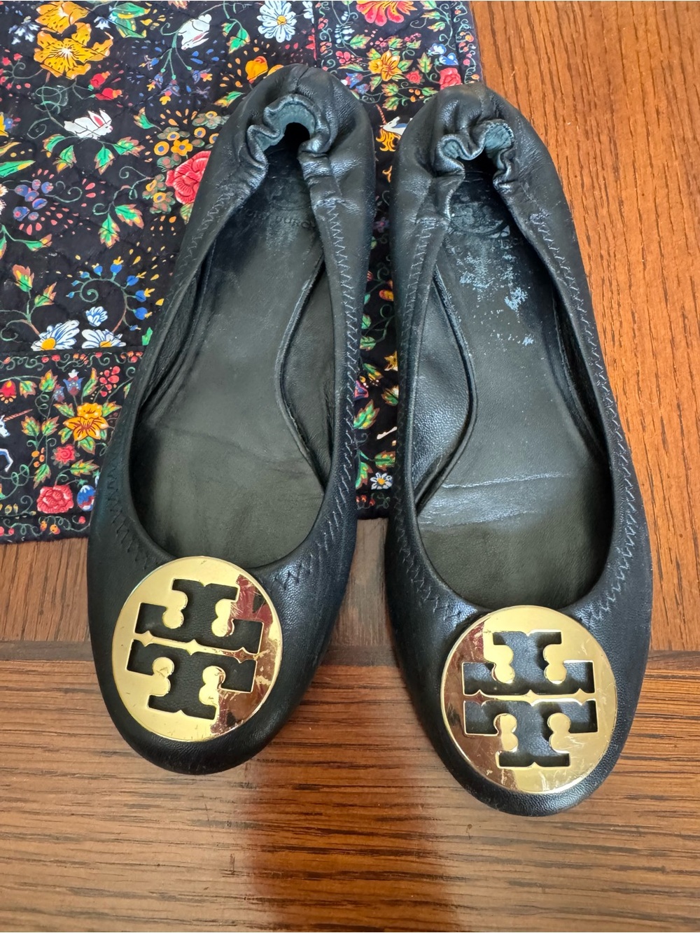 Tory Burch Leather Flat Black Ballet Shoe Women Size 9 M Made In Brazil Gold